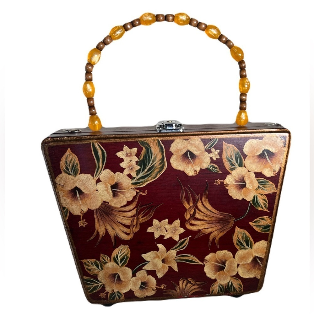 Floral Wooden Handbag with Beaded Handle